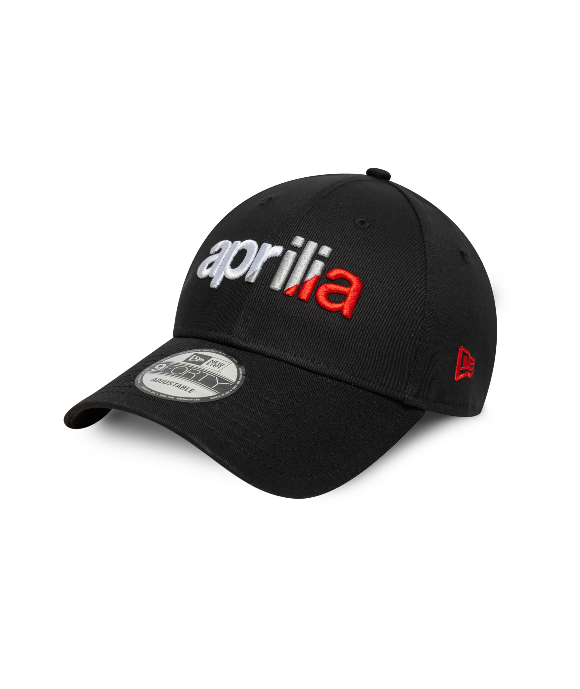 Gorra de béisbol New Era 9Forty con el logotipo de Aprilia, color negro