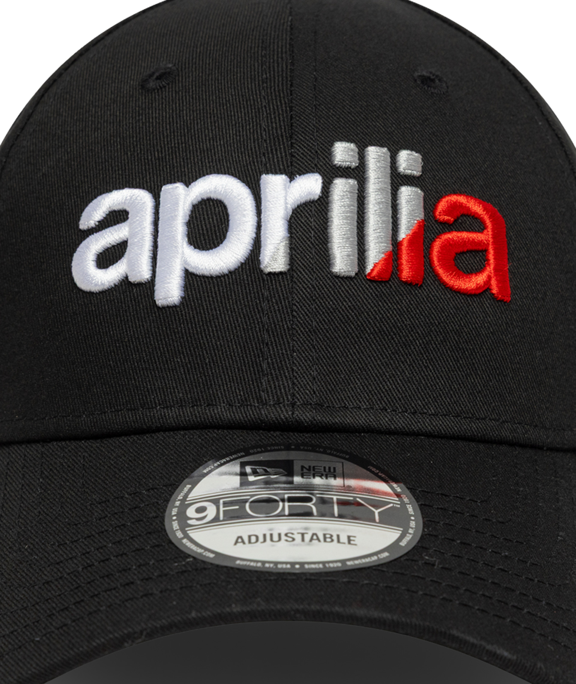 Gorra de béisbol New Era 9Forty con el logotipo de Aprilia, color negro